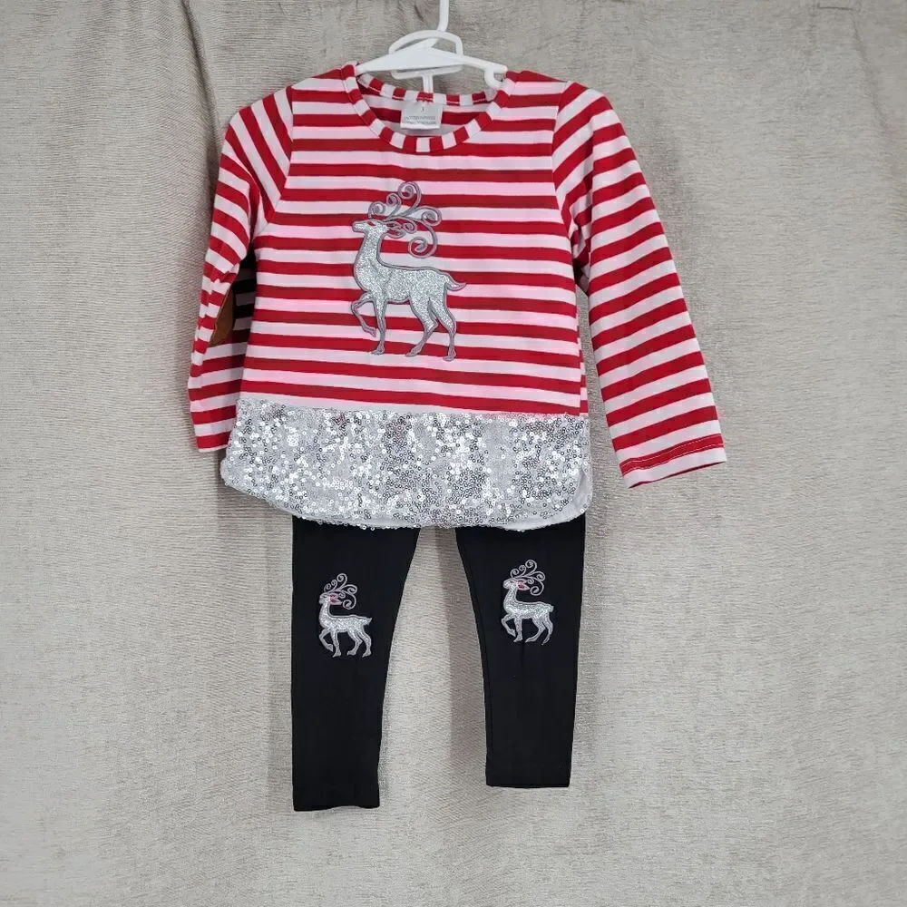 Christmas Girls Toddler 2T Matching Set Silver Reindeer Red White Stripes